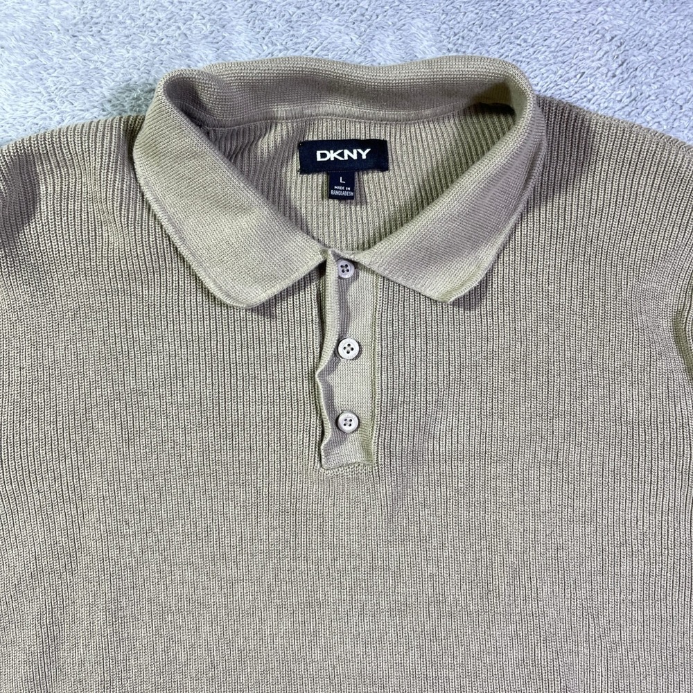 DKNY Mens Large L Khaki Beige Ribbed Knit Short‎ Sleeve Polo Sweater Top